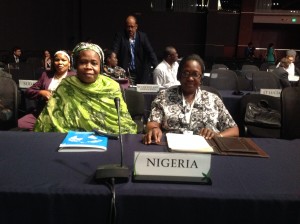 Environment Minister, Laurentia Mallam (right), with the Permanent Secretary in the Federal Ministry of Environment, Rabi Jimeta, during the 5th GEF Assembly in Cancun, Mexico. Behind them is Assistant Director and GEF Desk Officer, Halima Kolo Mohammed