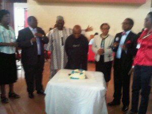 Prof Emeritus David Okali (middle) celebrates his birthday during the symposium. He is flanked by Prof Chid Ibe, Prof (Mrs.) Margaret Okorodudu-Fubara and Prof Adeniyi Osuntogun 