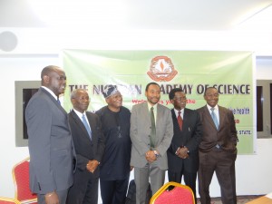 From left: Dr. Oladoyin Odubanjo, Executive Secretary, Nigerian Academy of Science (NAS); Professor Oyewale Tomori, President, NAS; Professor Alfred Adegoke, keynote speaker; Professor Akinyinka Omigbodun a Fellow of NAS; Professor Temitayo Shokunbi, Academic Secretary, Biological Sciences, NAS; and Professor Domingo Okorie, Academic Secretary, Physical Sciences, NAS, at a Media Roundtable for the NAS-Youth Development and Reproductive Health Programme, in Lagos on Wednesday, 10th of September, 2014