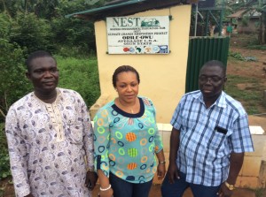 Isaac Oloogunebi of the Nigerian Environmental Study/Action Team (NEST) (left) with Ann Umar and Dr Samuel Adejuwon (both of the Department of Climate Change of the Federal Ministry of Environment), in Orile Owun, Osun State