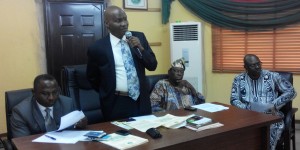 President of the Nigerian Institute of Town Planners (NITP), Dr Femi Olomola (standing); with National Secretary of the NITP, Ogbodo Alex (left); representative of the Town Planners Registration Council of Nigeria (TOPREC), Daini Adeleke (right); and representative of the Association of Town Planning Consultants of Nigeria (ATOPCON), Tayo Awomoso (extreme right)