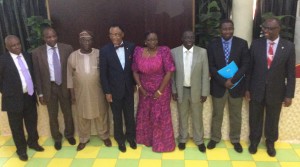 Left to Right: Aniefon Akpabio of the National Environmental Standards and Regulations Enforcement Agency (NESREA), Bennett Agube of the Nigerian National Petroleum Corporation (NNPC), Prof Emmanuel Olukayode Oladipo (Member, National Committee for COP 21), Ambassador Martins Uhomorbhi (Co-chair, National Committee for COP 21), Mrs L. Braide (Director, Human Resources, Federal Ministry of Environment), Dr Samuel Adejuwon (Director, Department of Climate Change, FME), Muyiwa Odele (representing Dr Pa Lamin Beyai, the UNDP Country Director) and Ifeanyi Nnodim of the Nigeria Meteorological Agency (NIMET)… at the Stakeholders Technical Workshop on the Development of Nigeria’s INDCs, in Abuja on Wednesday, April 29, 2015