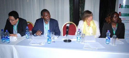 From left to right: some of the panellists: Masaki Inaba (Japan Citizens Network), Martin Tsounkeu (Africa Development Interchange Network), Isabella Lövin (Minister for International Development Cooperation, Sweden) and Stellah Riunguh (PACJA)