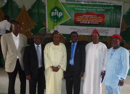 L-R: Chairman of the MCPDP, Prof. Adamu Ahmed; Permanent Secretary, Ministry of Physical Planning and Urban Development, Oyo State and representative of the Governor, Tpl. Busari Lekan; President of TOPREC, Prof. Layi Egunjobi; Dean, School of Environmental Studies, The Polythenic, Ibadan, Mr. J. A. Adebisi; Past President of the NITP, Tpl. Remi Makinde; and NITP chairman, Ibadan chapter, Tpl. Kola Lawal… at the 17th edition of the Mandatory Continuing Professional Development Programme of the institute held in Ibadan, Oyo State July 1st to 2nd, 2015