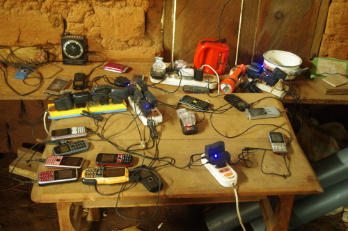 Solar power charging phones and other electrical appliances of villagers in Bamdzeng. More than 100 phones are charged everyday. Photo credit: Arison TAMFU