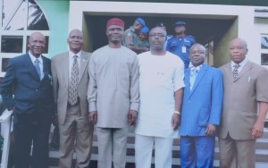 L-R: Dr. C. L. Odimuko (Past President of the NITP), Dr. Femi Olomola (National President of the NITP), Chief Ude Oko Chukwu (Deputy Governor of Abia State), Mr. Lekwa Ezutah (2nd Vice-President of the NITP), Deacon Chibueze Nwaogwugwu (Chairman, Abia State Chapter of the NITP) and Elder O. C. Aguwa (Permanent Secretary, Abia State Ministry of Physical Planning and Urban Renewal)
