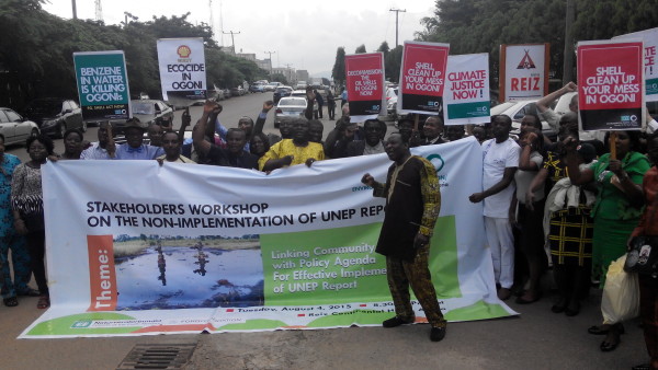 Dr Godwin Uyi Ojo, executive director of the Environmental Rights Action/Friends of the Earth Nigeria (ERA/FoEN), leading a protest march in Abuja