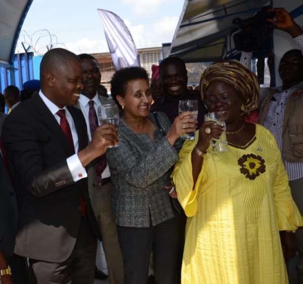 R-L: Corporate Relations Director, Guinness Nigeria Plc, Mr Sesan Sobowale; Ag. Consular General, US Embassy, Mrs Dehab Ghebreab; and the Deputy Governor, Ogun State, Mrs. Yetunde Onanuga, drink water from the newly commissioned Guinness Water Health Centre, Abeokuta  