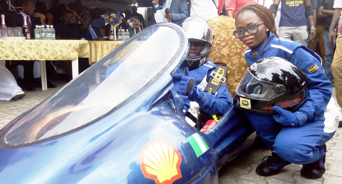 Delta Cruz on display... Students of the Federal University of Petroleum Resources, Effurun, Delta State, demonstrating their self-build energy efficient car on their campus last Thursday in readiness for the 2015 Shell Eco-marathon competition in South Africa, in October.