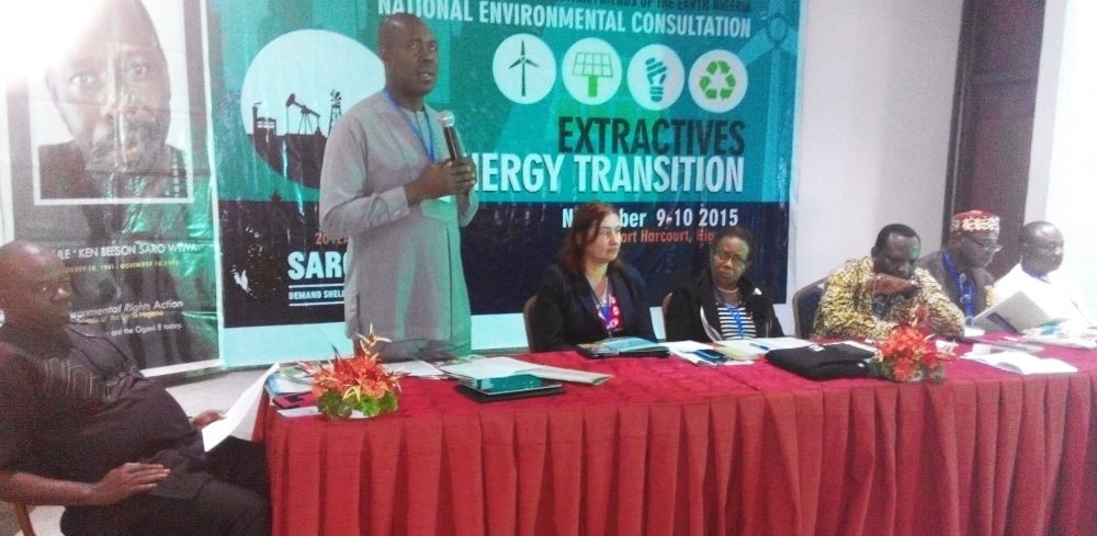 L-R: Dr. Sofiri Joab Peterside, activist and lecturer in the Department of Sociology, University of Port Harcourt; Barrister Iniro Wills, Commissioner for Environment in Bayelsa State; Ms Jagoda Munic, President of Friends of the Earth International (FoEI), Prof Margret Okorodud-Fubara of the Obafemi Awolowo University, Ile-Ife; Dr Godwin Ojo, Executive Director, Environmental Rights Action/ Friends of the Earth Nigeria (ERA/FoEN); Chief Emma Pii, Ogoni leader; and Mr Eguaoje Festus Ikosin, Assistant Director/Global Environment Facility (GEF) Desk Office, Federal Ministry of Environment, at the 8th National Environment Congress of ERA/FoEN… Port Harcourt, River State on Monday, November 9, 2015