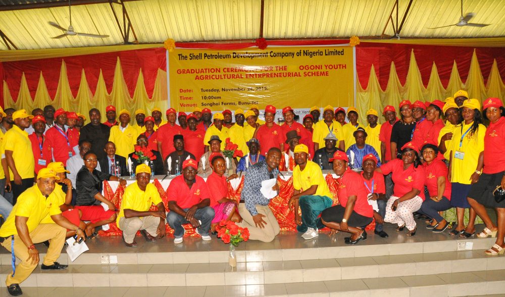 Cross section of beneficiaries of the 2015 Ogoni Youths Agricultural Entrepreneurial Scheme sponsored by the Shell Petroleum Development Company Joint Venture, at the graduation ceremony held on Tuesday at Bunu-Tai, Rivers State.