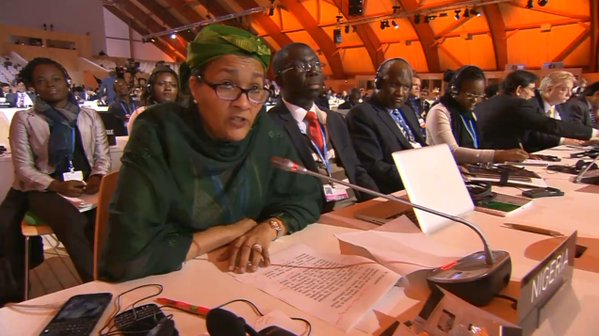 Nigeria's Environment Minister, Amina Mohammed; with Director, Department of Climate Change, Dr Samuel Adejuwon, and other delegates as the minister addresses global delegates at the close of COP21 on Saturday