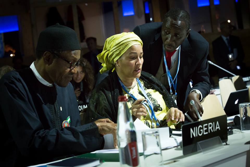President Buhari with Minister of Environment Mrs Amina Ibrahim Mohammed and National Security Adviser Maj. Gen. Babagana Monguno Rtd shortly before addressing the UN Climate Change Conference COP 21, in Paris, France on 30th Nov 2015