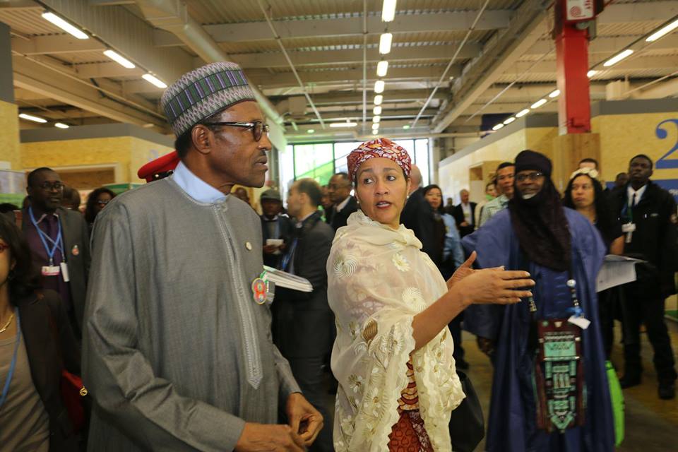 Environment Minister, Mrs Amina Mihammed, with President Muhammadu Buhari at COP21 in Paris, France
