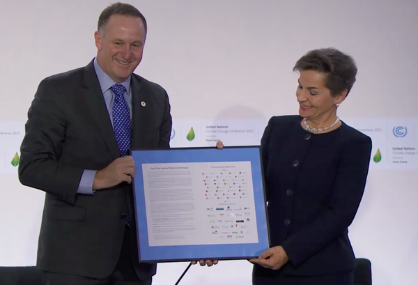 New Zealand Prime Minister John Key formally presenting the Fossil Fuel Subsidy Reform Communiqué to Christiana Figueres, Executive Secretary of the UN Framework Convention on Climate Change (UNFCCC), on behalf of the Friends of Fossil Fuel Subsidy Reform, The Prince of Wales’s Corporate Leaders Group and other supporters of the Communiqué