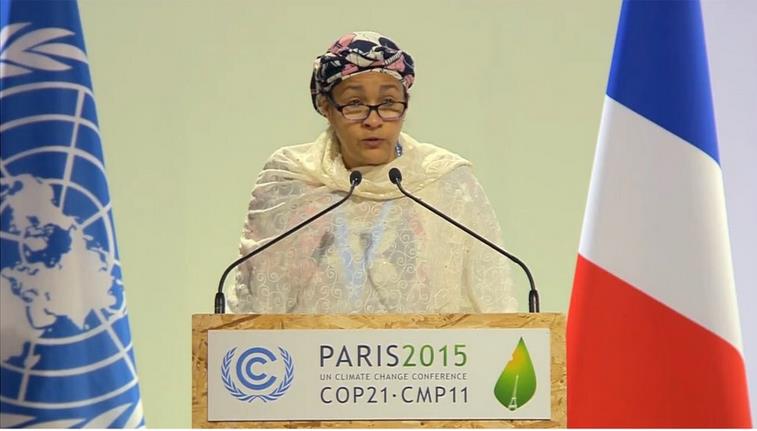 Environment Minister, Mrs Amina J. Mohammed, delivering a speech at the High Level Segment of COP21 in Paris, France in December, 2015. She is to to serve in the AU Reform Steering Committee