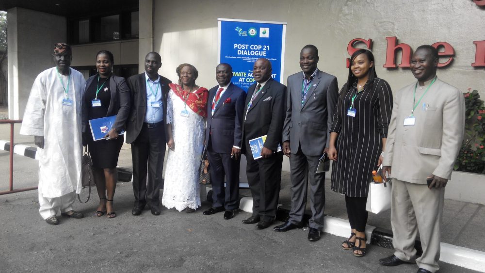 L-R: Prince Lekan Fadina (Executive Director, CISME), Shuaib Aremu M. Temitope (Managing Director, Sharmade Nigeria Limited), Olawale Akinwumi (Chief Operating Officer, Africa Clean Energy Summit), Dr Beatrice Ubeku (Focal Person, West African Women Association / Founder, Women care Association of Nigeria), Dr. Iniobong Essien (Akwa Ibom State Commissioner for Environment & Mineral Resources), Prof. Samuel Wara (Director, Centre for Research, Innovation & Discovery at Covenant University, Ota), Gbolahan Okanlawon Adedotun (Managing Director, The Environment Communications Limited), Aisha Gaido (Researcher, Impact of climate change on health) and Dr Victor Fodeke (Director-General, Africa Energy Summit), at the Post COP21 Dialogue in Lagos …December 15, 2015