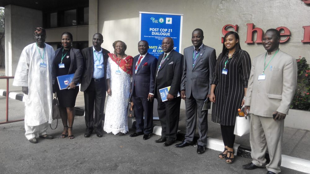 L-R: Prince Lekan Fadina (Executive Director, CISME), Shuaib Aremu M. Temitope (Managing Director, Sharmade Nigeria Limited), Olawale Akinwumi (Chief Operating Officer, Africa Clean Energy Summit), Dr Beatrice Ubeku (Focal Person, West African Women Association / Founder, Women care Association of Nigeria), Dr. Iniobong Essien (Akwa Ibom State Commissioner for Environment & Mineral Resources), Prof. Samuel Wara (Director, Centre for Research, Innovation & Discovery at Covenant University, Ota), Gbolahan Okanlawon Adedotun (Managing Director, The Environment Communications Limited), Aisha Gaido (Researcher, Impact of climate change on health) and Dr Victor Fodeke (Director-General, Africa Energy Summit), at the Post COP21 Dialogue in Lagos …December 15, 2015 