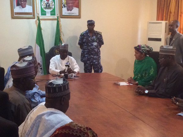 Yobe State Deputy Governor Abubakar Aliyu receiving Mrs Amina Mohammed in Damaturu 