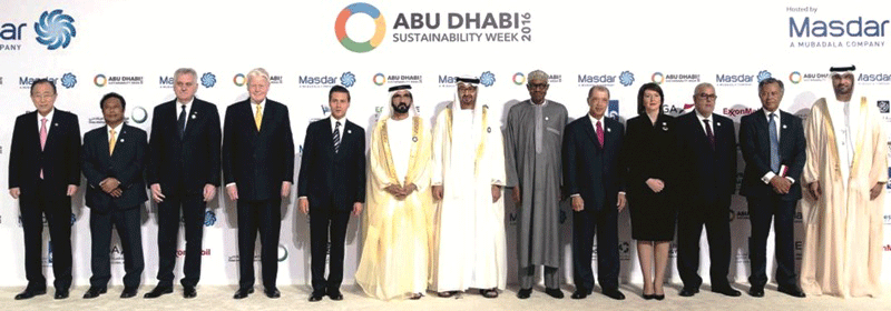 President Muhammadu Buhari (sixth from right) with other world leaders at the opening ceremony of the World Future Energy Summit 2016, as part of Abu Dhabi Sustainability Week (ADSW), at the Abu Dhabi National Exhibition Centre (ADNEC), UAE