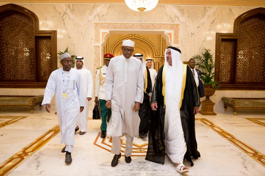 President Buhari being received by Sheikh Sultan Bin Zayed (3rd Deputy Prime Minister of the United Arab Emirates) and Ambassador of Nigeria to UAE Amb. Ibrahim Auwalu at the Presidential Wing of the Abu Dhabi International Airport United Arab Emirates on 17th Jan 2016
