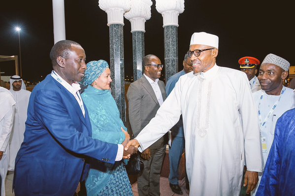 President Buhari with some his entourage with Environment Minister, Amina Mohammed (second left)