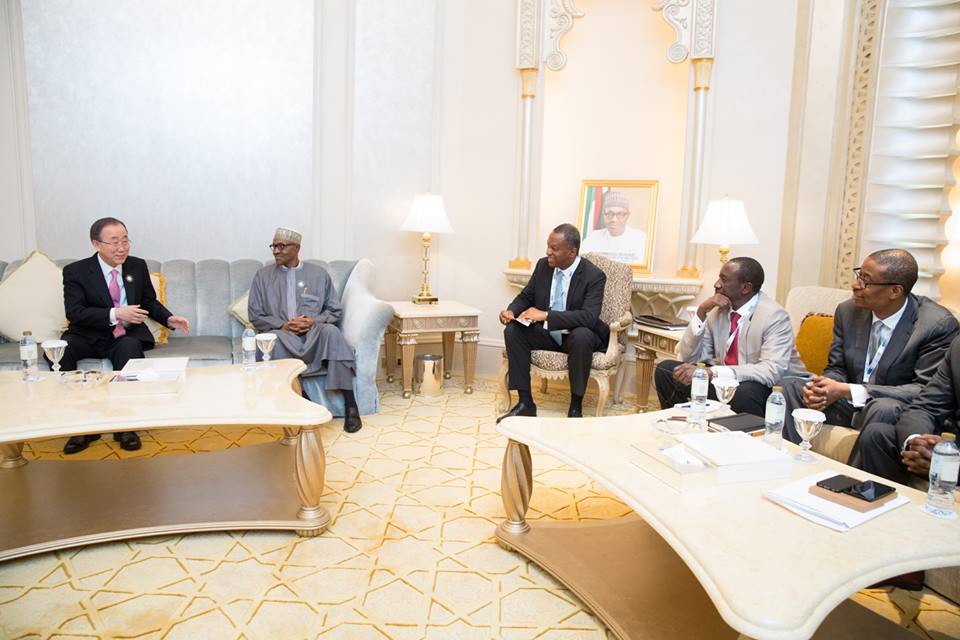 President Buhari with UN Secretary General Ban Ki-moon, Minister of Foreign Affairs Geoffrey Onyema, National Security Adviser Maj. Gen.Babagana Monguno Rtd and Minister of Trade and Investment Okechukwu Enelamah during an audience with the UN Secretary General at the sidelines of the World Future Energy Summit in Abu Dhabi