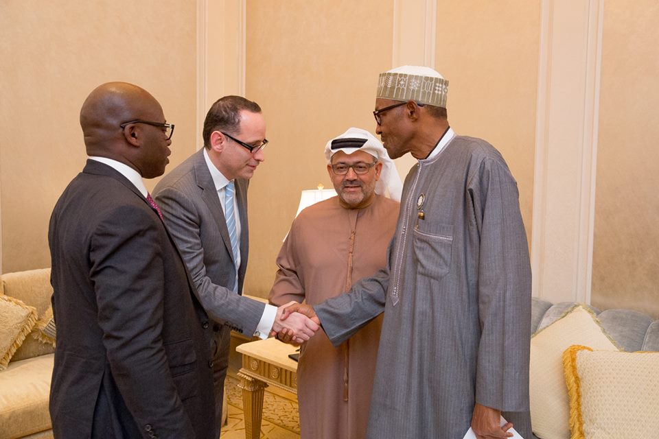 President Buhari with Mr Yousif Alnowais Chairman and MD Arab Development, Mr Hussein Matar Director/Business developer Alnowais Investments and Mr Wale Tinubu Group Chief Executive Officer Oando Plc at the Emirates Palace in Abu Dhabi 