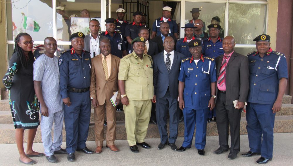Controller General of Prisons, Dr Peter Ezenwa Ekpendu (fifth right); DG/CEO of the National Biosafety Management Agency (NBMA), Sir. Rufus Ebegba (fourth right); Commandant General of the Nigerian Security and Civil Defence Corps (NSCDC), Abdullahi Muhammadu (third right); Coordinator of Journalists for Social Development Initiative (JSDI), Etta Michael Bisong (second left); and Head of Programmes of JSDI, Gloria Ogbaki, during a familiarity visit to the corporate head office of the NSCDC in Abuja to foster collaboration on the enforcement of the National Biosafety Management Act    