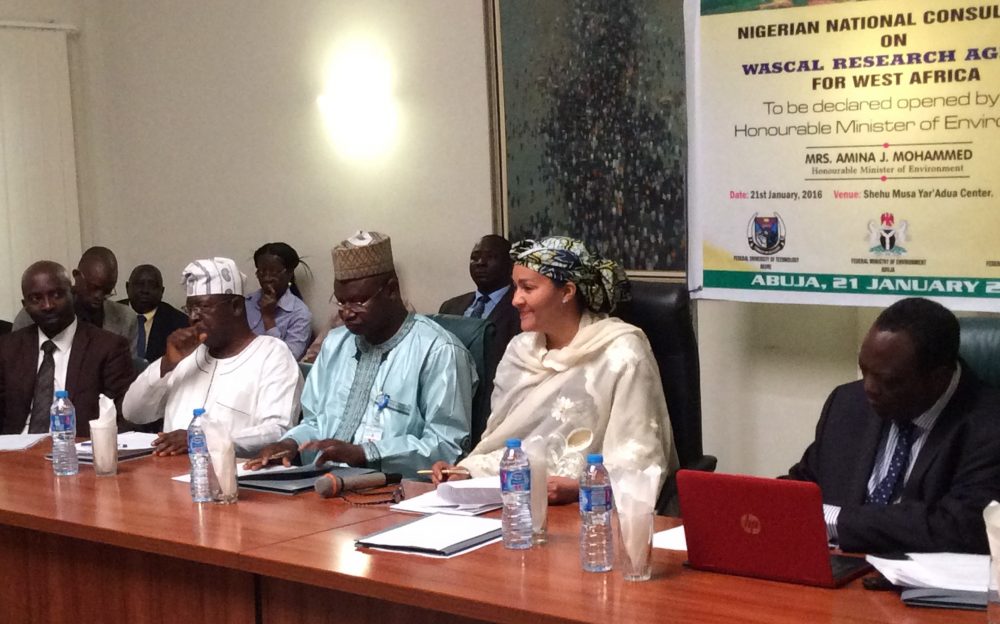 Environment Minister, Mrs Amina J. Mohammed (second right), with (from left) Professor Kehinde Ogunjobi, Director, WASCAL’s Graduate Studies Programme (GSP) in West Africa Climate System at the Federal University of Technology, Akure (FUTA); Prof. Jerome Omotoso, Chairman, Nigerian National Consultation/Dialogue, WASCAL Research Agenda 2016; Environment Minister of State, Ibrahim Usman Jibril; and, Prof. Adeniyi Osuntogun, Vice-Chair of the WASCAL Governing Board, at the National Dialogue on WASCAL Climate Change Research Agenda…on Thursday, January 21, 2016 