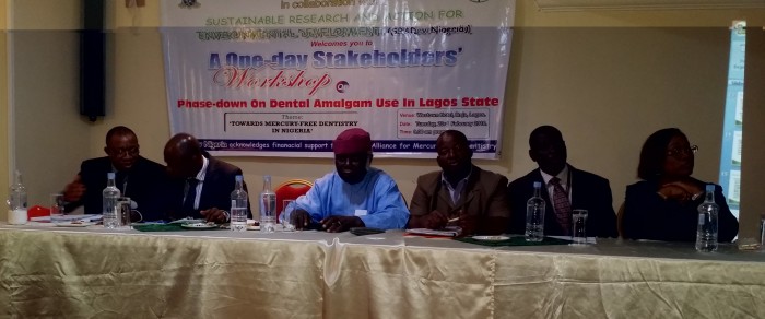 Participants at the workshop: L-R: Leslie Adogame, Executive Director, SRADev; Dr Olabode Ijarogbe, President Nigerian Dental Association (NDA); Prof Awele Maduemezia, Member, Board of Directors, SRADev Nigeria; Prof. Arotiba, Dean, Faculty of Dentistry, LUTH; Dr Adolphous Loto, Consultant Restorative Dentistry, LASUTH/LASUCOM; and Dr. Mrs Okoisor, Chairperson, NDA Lagos branch