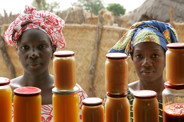 Women sell mango and sweet potato jam at the food processing shop in Bantantinnting, Senegal. They produced the jam with a Multifunctional Platform Project (MFP) introduced by the United Nations Development Programme (UNDP), helping women and girls to no longer spend several hours a day gathering firewood or collecting water. MFP is a diesel engine to which a variety of end-use equipment can be attached, including grinding mills, battery chargers, vegetable or nut oil presses, welding machines and carpentry tools. Bantantinnting, Senegal, Photo courtesy of the United Nations Photo Gallery