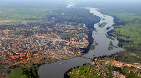 The Nile River meandering through Juba, South Sudan. Believed to be the longest in the world, at 6,650 km long and encompassing an area of 3,349,000 square kilometers, the Nile's basin is shared by Burundi, Congo-Kinshasa, Ethiopia, Eritrea, Egypt, Rwanda, Uganda, Kenya, Sudan and Tanzania. Photo credit: oddizzi.com