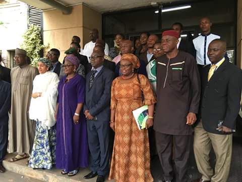 A group photograph featuring, among others, Environment Minister, Mrs Amina Mohammed; Environment Minister of State, Ibrahim Usman Jibril; Director-General of NABDA, Professor Lucy Ogbadu; DG/CEO of NBMA, Mr. Rufus Ebegba; and Dr. Rose Maxwell Gidado, Country Coordinator of OFAB 