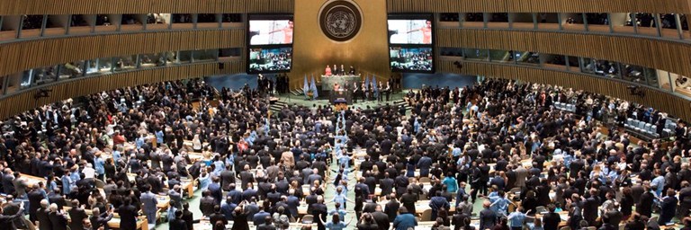 The ceremony, held the first day the Paris Agreement was open for signature, marked the initial step toward ensuring the agreement enters into force. Photo credit: UN /Mark Garten