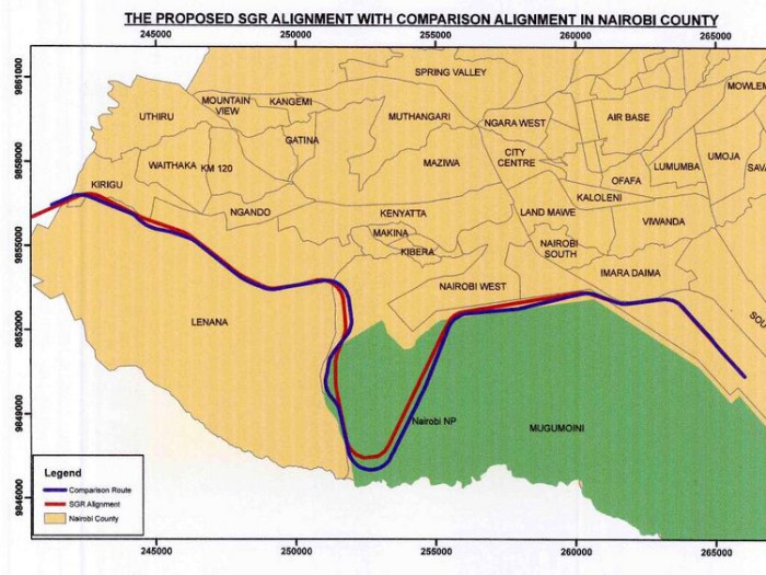 This December 2015 proposed route of the SGR has been abandoned. The railway will still cut through the park on a raised platform without making the deep cut into the park. 