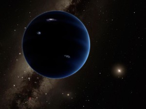 This artistic rendering shows the distant view from Planet Nine back towards the sun. The planet is thought to be gaseous, similar to Uranus and Neptune. Hypothetical lightning lights up the night side. Photo credit: Caltech/R. Hurt (IPAC)