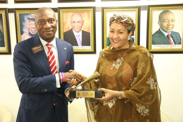 Amina J. Mohammed, the Minister of Environment with the Chief Executive Officer of the Nigerian Stock Exchange (NSE), Oscar Onyema
