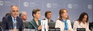 Salaheddine Mezouar, incoming President of the UN Climate Change Conference in Marrakech (COP22) and Morocco’s Foreign Affiars Minister (left); Christiana Figueres, Executive Secretary of the United Nations Framework Convention on Climate Change; and Ségolène Royale, French Environment Minister and President of COP 21 (the UN Climate Change Conference in Paris last year), Ségolène Royale, at at the opening of the UN Climate Change Conference in Bonn, Germany on Monday 