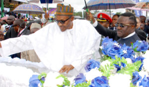 President Muhammadu Buhari and Governor Ben Ayade of Cross River state unveiling the plaque at the Ground breaking ceremony of 260km. Super Highway Dual carriage Road from Calabar to Northern Nigeria held at Obung village Akamkpa of Cross River state …20 -10-2015 . 