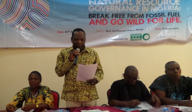 L-R: Mrs Warder Ayibakuro, women activist from Ikarama; Dr Godwin Uyi Ojo, ERA/FoEN Executive Director; Dr Sofiri Peterside of the University of Port Harcourt; and Celestine Akpobari of the Ogoni Solidarity Movement