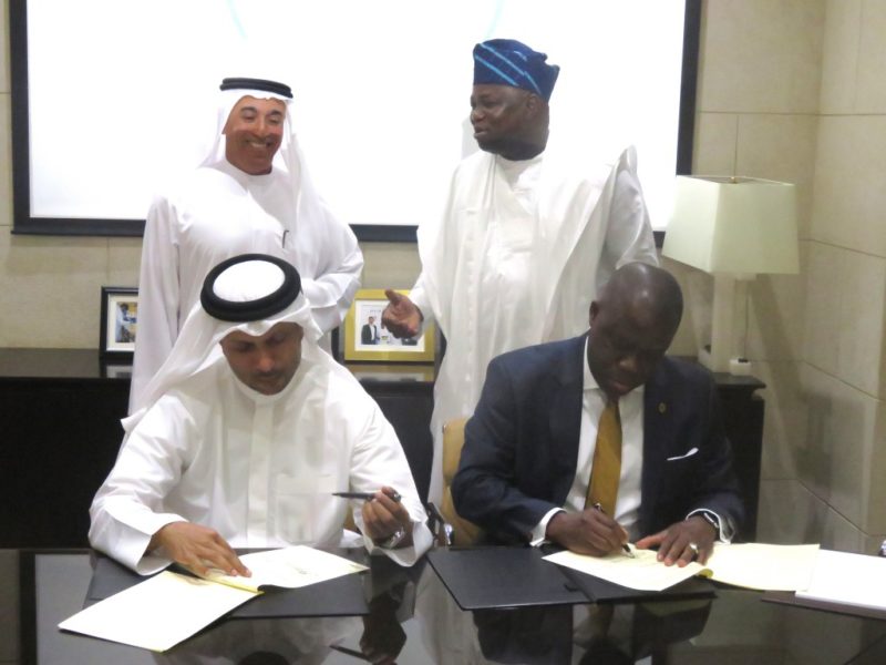 Lagos State Attorney-General and Commissioner of Justice, Adeniji Kazeem, and the Chief Executive Officer of Smart City Dubai LLC, Jabber Bin Hafez signing the MoU, in the presence of Chairman of Dubai Holdings, Ahmad Bin Byat, who is also the Deputy Prime Minister and the Lagos State Governor, Akinwunmi Ambode