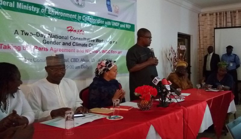 L-R: Priscilla Achakpa. executive director of the Women Environmental Programme (WEP); Ibrahim Jibril, Minister of State for Environment; Amina Mohhamed, Minister for Environment; Opia Kumah, Resident Representative of the United Nations Development Programme (UNDP) in Nigeria; and prof Olukayode Oladipo of the University of Lagos, Akoka ... at the official opening of the two-day National Consultative Workshop on “Gender and climate change consultation: Taking the Paris Agreement and Nigeria’s INDC forward”, on Wednesday (13 July, 2016) in Abuja 