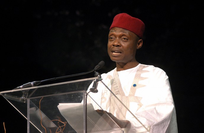 Odigha Odigha delivering a speech after being decorated with the 2003 Goldman Prize in San Francisco, California