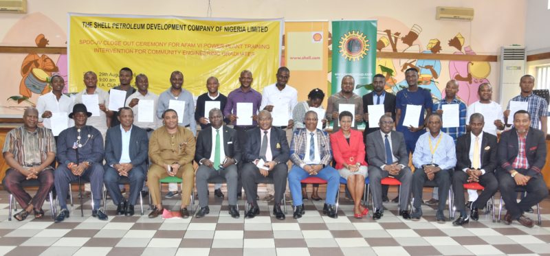 Cross section of the graduating power plant engineers and officials of the SPDC at the close-out ceremony in Oyigbo, Rivers State… on Monday