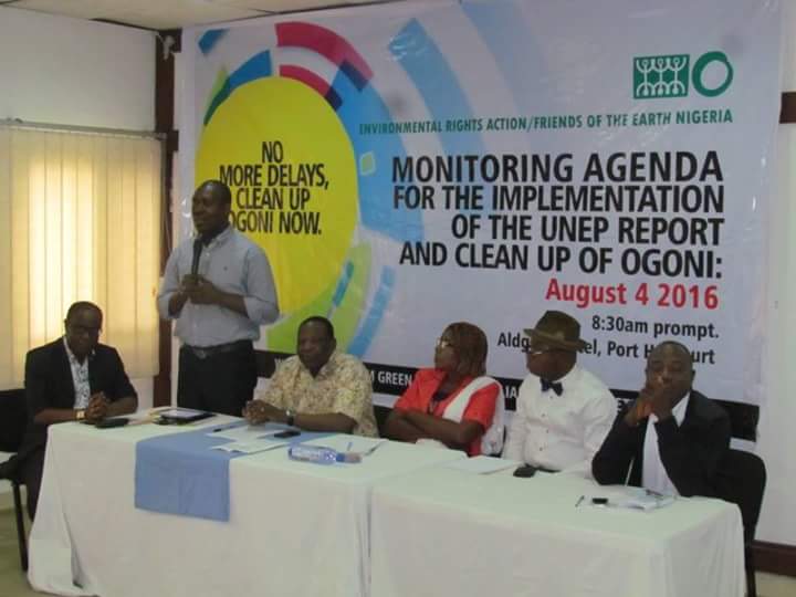 Bayelsa State Commissioner for Environment, Iniruo Willis (standing), Executive Director of ERA/FoEN, Dr Godwin Ojo (sitting by Willis' right), and some other participants at the event