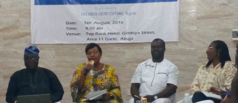 Panelists: L-R: Prof. Olukayode Oladipo of the University of Lagos, Dr Jennifer Spiff of the Women Initiative for Transparency, Prince Chima Williams of ERA/FoEN and Priscilla Achakpa of the Women Environment Programme