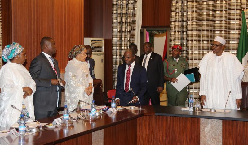 President Buhari and Federal Executive Council members during the inauguration of the Governing Council for Ogoniland clean up at the Presidential Villa, Abuja on Thursday