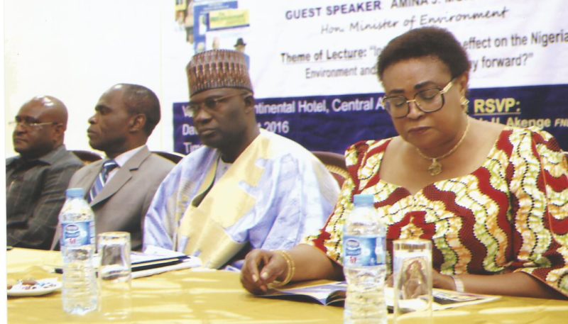 Left to right: Madam Anne Ene-Ita, former Permanent Secretary, Federal Ministry of Aviation; Representative of the Emir of Potiskum, Alhaji Muhammad Yusuf; Representative of the Minister of Environment and DG of NESREA, Dr. Lawrence Anukam; and former Minister of Environment, Sir John Odey at the 7th Environment Outreach Magazine Public Lecture in Abuja recently