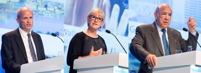 Torgny Holmgren, Executive Director of the Stockholm International Water Institute (SIWI) (left); Sweden’s Foreign Minister, Margot Wallström; and Secretary General of the Organisation for Economic Co-operation and Development (OECD), Angel Gurría, separately making presentations at the opening of the 2016 World Water Week in Stockholm, Sweden, on Monday, August 29, 2016